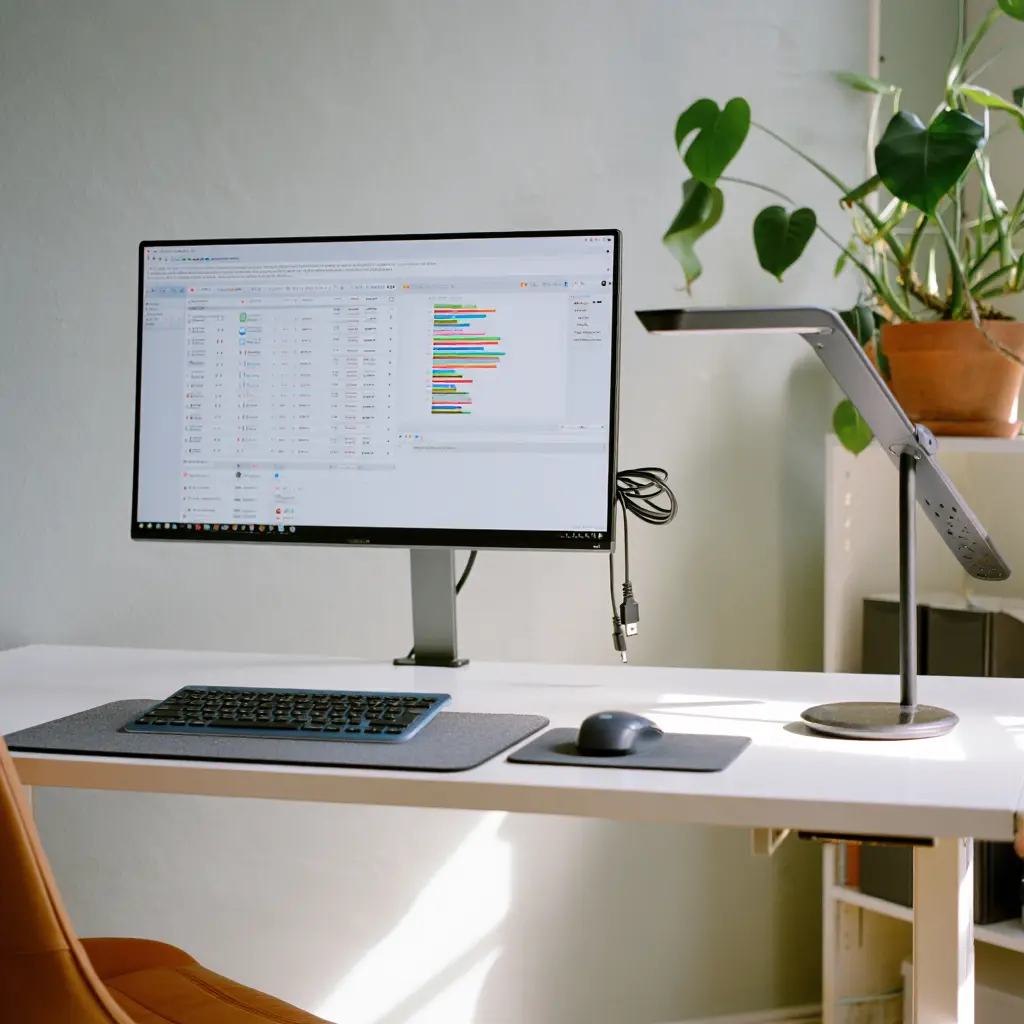 Ammattimainen toimistopöytä digitaalisilla organisointityökaluilla