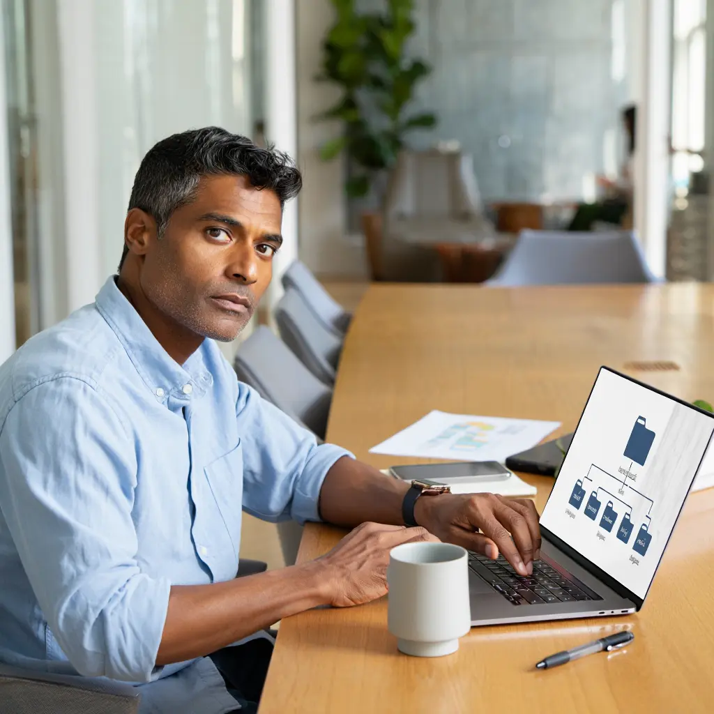 Asiantuntija suunnittelee tiedostorakennetta kannettavalla tietokoneella